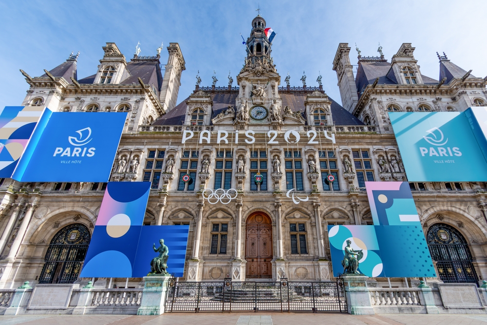 Facade of the town hall of Paris, France, decorated for the Olympic and Paralympic Games. Paris is the host city of the 2024 Summer Olympics